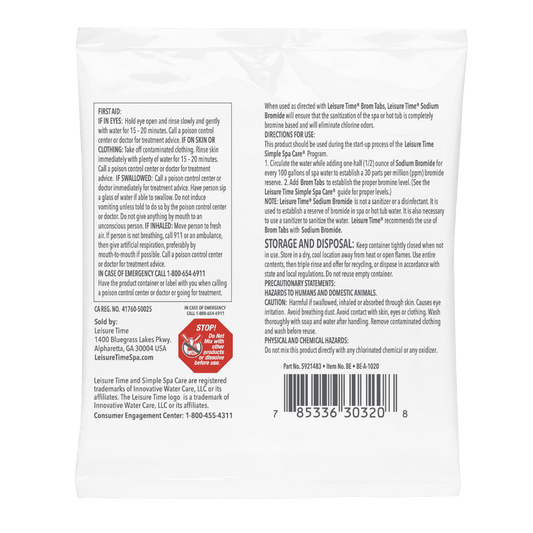 Leisure Time Sodium Bromide 2 oz Pouch, 6 ct. – Spa & Hot Tub Startup Boost – Fast Water Preparation – Includes Scum Sponge and 7-in-1 Test Strips