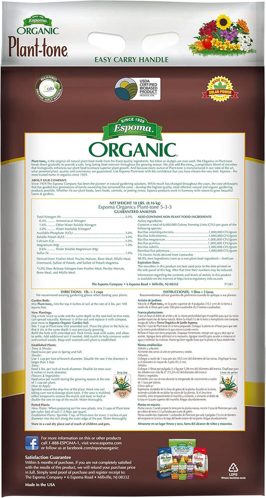 Espoma Plant-tone 18 lb – All-Purpose Organic Fertilizer + Free Claw Gloves & pH Test Kit