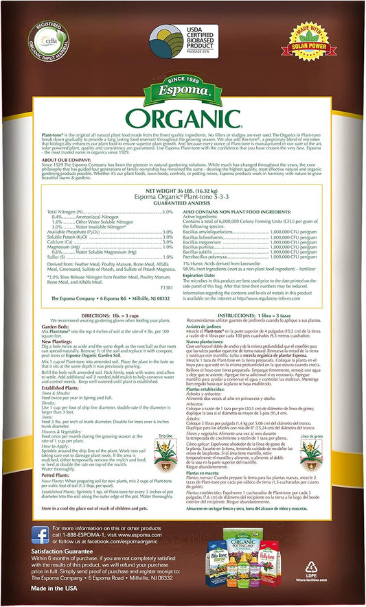 Espoma Plant-tone 36 lb – Organic Garden Fertilizer + Free Claw Gloves & pH Test Kit