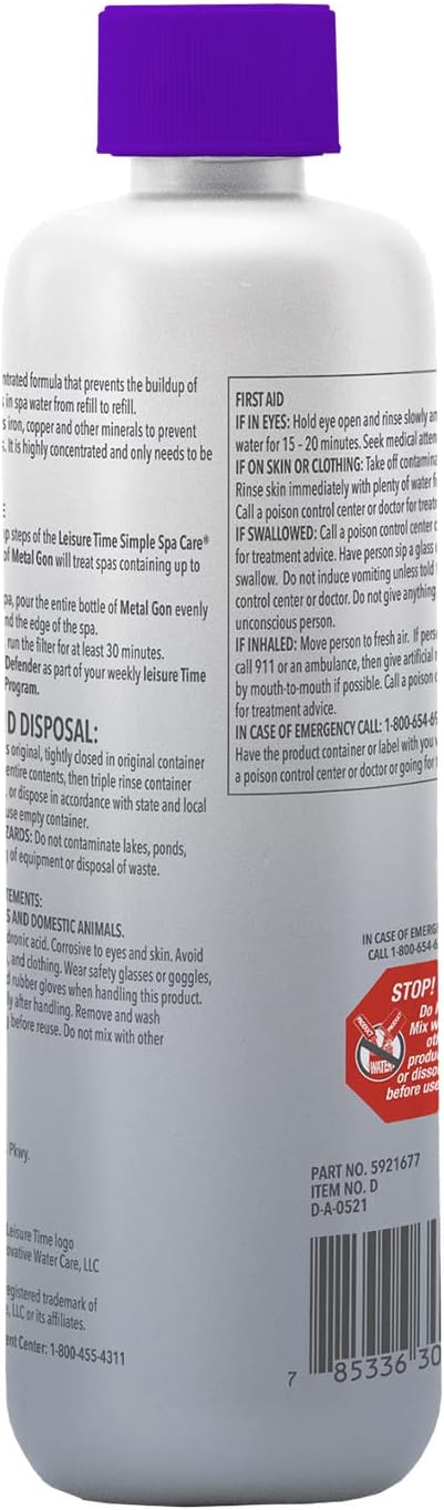 Leisure Time Metal Gon 16 fl oz – Prevents Stains from Metals – Protects Spa Surfaces – Includes Scum Sponge and 7-in-1 Test Strips