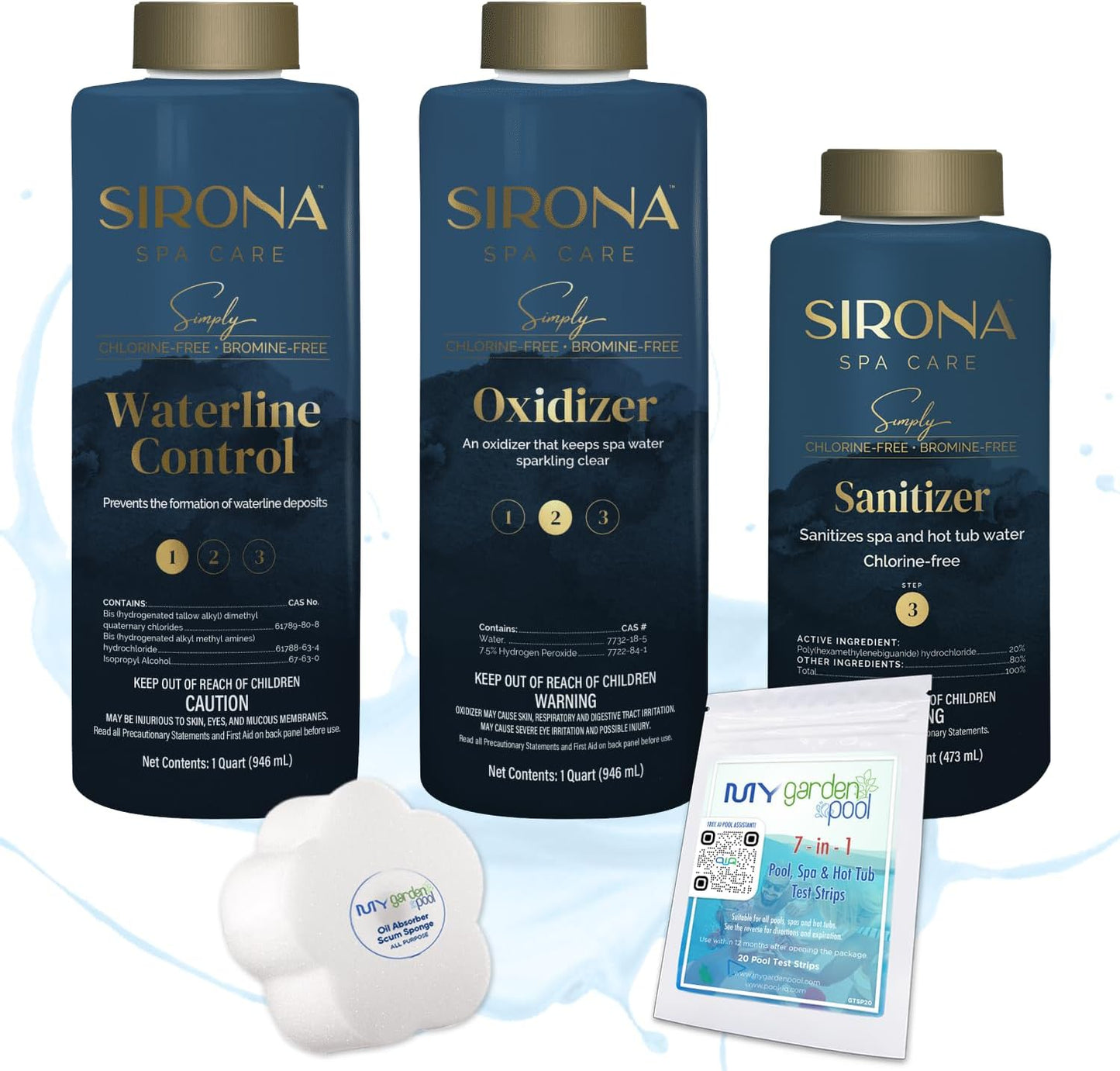 Sirona 3 Step 6 lbs – Complete Spa Care Kit – Sanitizer, Oxidizer, and Conditioner – Includes Scum Sponge and 7-in-1 Test Strips