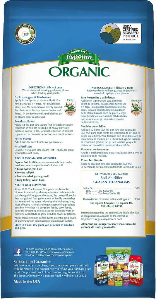 Espoma Soil Acidifier 6 lb – Organic pH Adjuster for Acid-Loving Plants – With Claw Gloves & Soil pH Test Kit