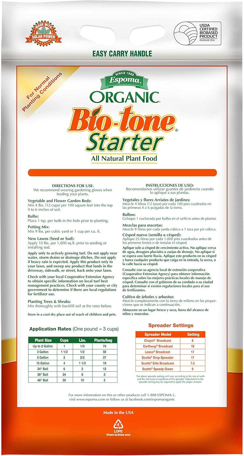 Bio-tone Starter 25 lb – Espoma Organic Plant Transplant Fertilizer – Includes My Garden Pool Claw Gloves & Soil pH Test Strips