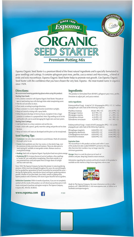 Espoma Organic Seed Starter Mix 8 qt – For Healthy Seedlings & Cuttings – Bonus Gloves & Soil pH Test Kit