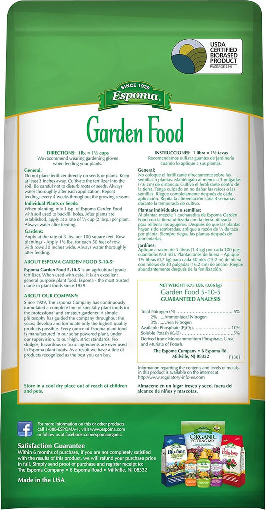 Espoma Garden Food 5-10-5 6.75 lb – Balanced Flower & Vegetable Fertilizer – Bonus Claw Gloves & Soil pH Test Kit
