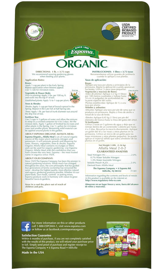 Espoma Alfalfa Meal 3 lb – Organic Plant Growth Stimulant – Soil Builder with Gloves & pH Strips Included