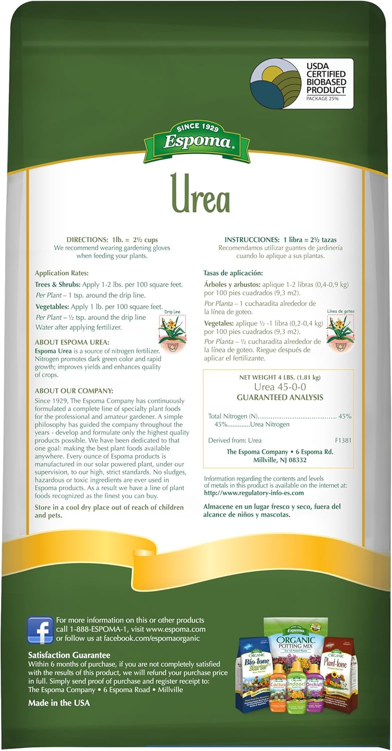 Espoma Urea 4 lb – High-Nitrogen Fertilizer for Lush Green Growth – Includes Claw Gloves & Soil pH Test Kit