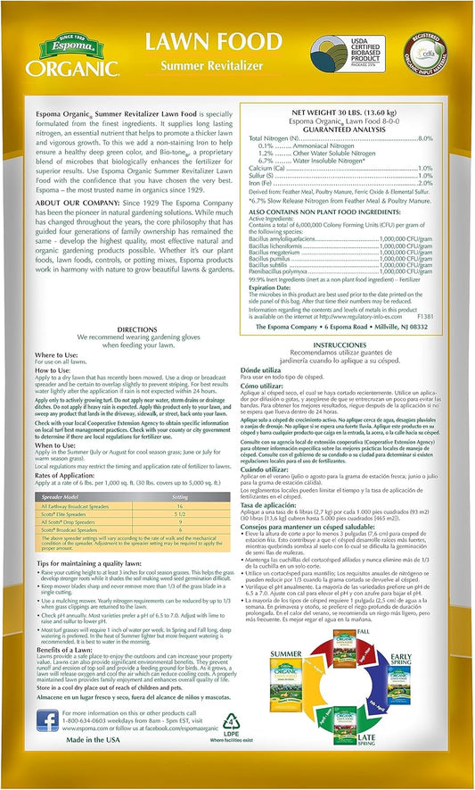 Espoma Summer Revitalizer 30 lb – Organic Lawn Fertilizer 8-0-0 – Includes My Garden Pool Claw Gloves & Soil pH Test Strips