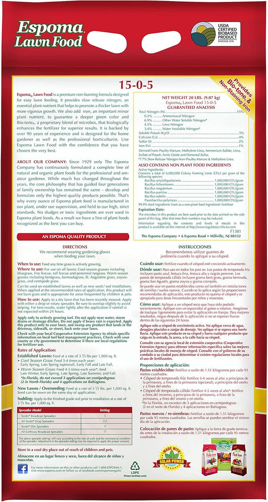 Espoma Lawn Food 15-0-5 – 40 lb Organic Lawn Fertilizer – Includes My Garden Pool Claw Gloves & Soil pH Test Strips