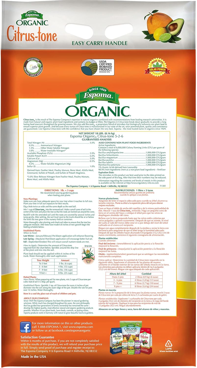Citrus-tone 18 lb – Espoma Organic Citrus Fertilizer – with My Garden Pool Claw Gloves & Soil pH Test Strips