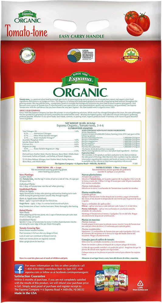 Espoma Tomato-tone 18 lb – Natural Tomato & Vegetable Fertilizer + Free Claw Gloves & Soil pH Test Kit