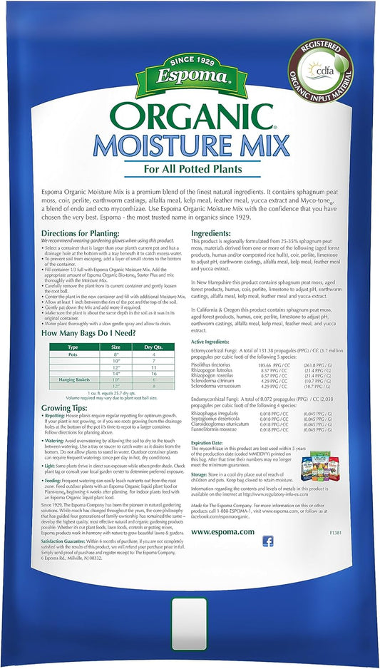 Espoma Organic Moisture Mix 8 qt – Water Saving Potting Soil – Bonus Claw Gloves & Soil pH Test Kit