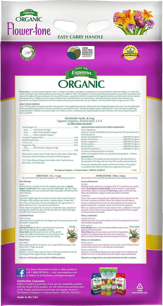 Espoma Flower-tone 18 lb – Bloom Booster Fertilizer + Free Claw Gloves & pH Test Kit