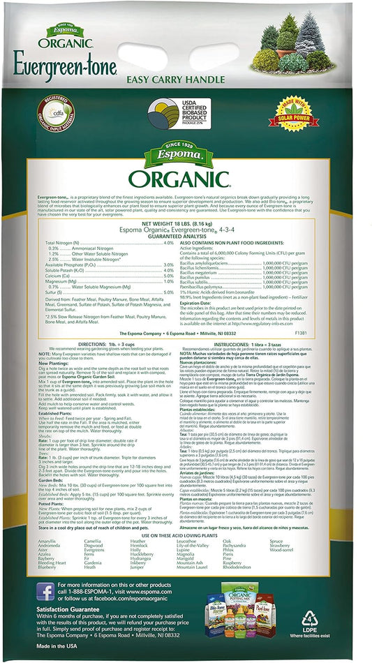 Espoma Evergreen-tone 18 lb – Fertilizer for Evergreens & Shrubs + Free Claw Gloves & Soil pH Test Kit