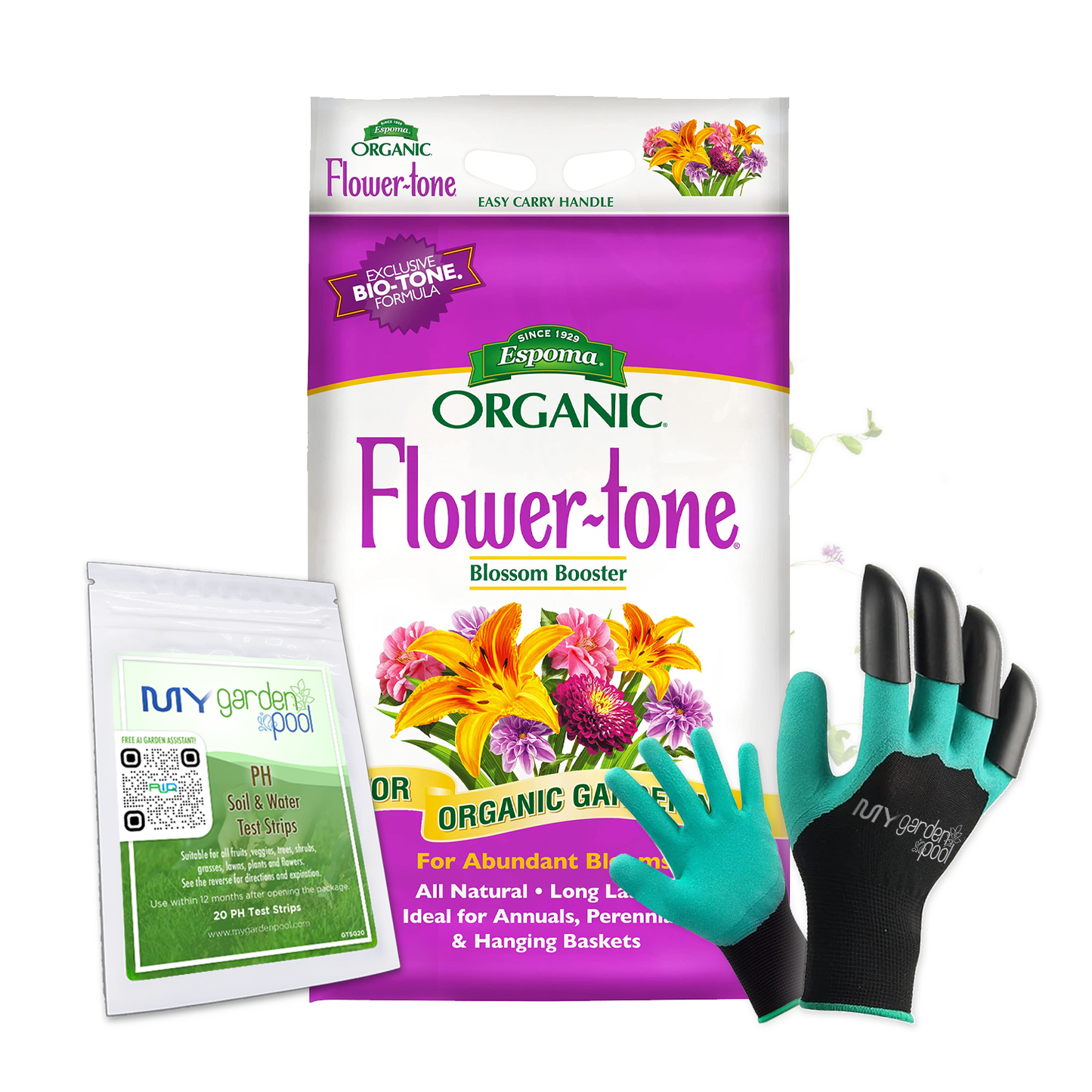 Espoma Flower-tone 18 lb – Bloom Booster Fertilizer + Free Claw Gloves & pH Test Kit