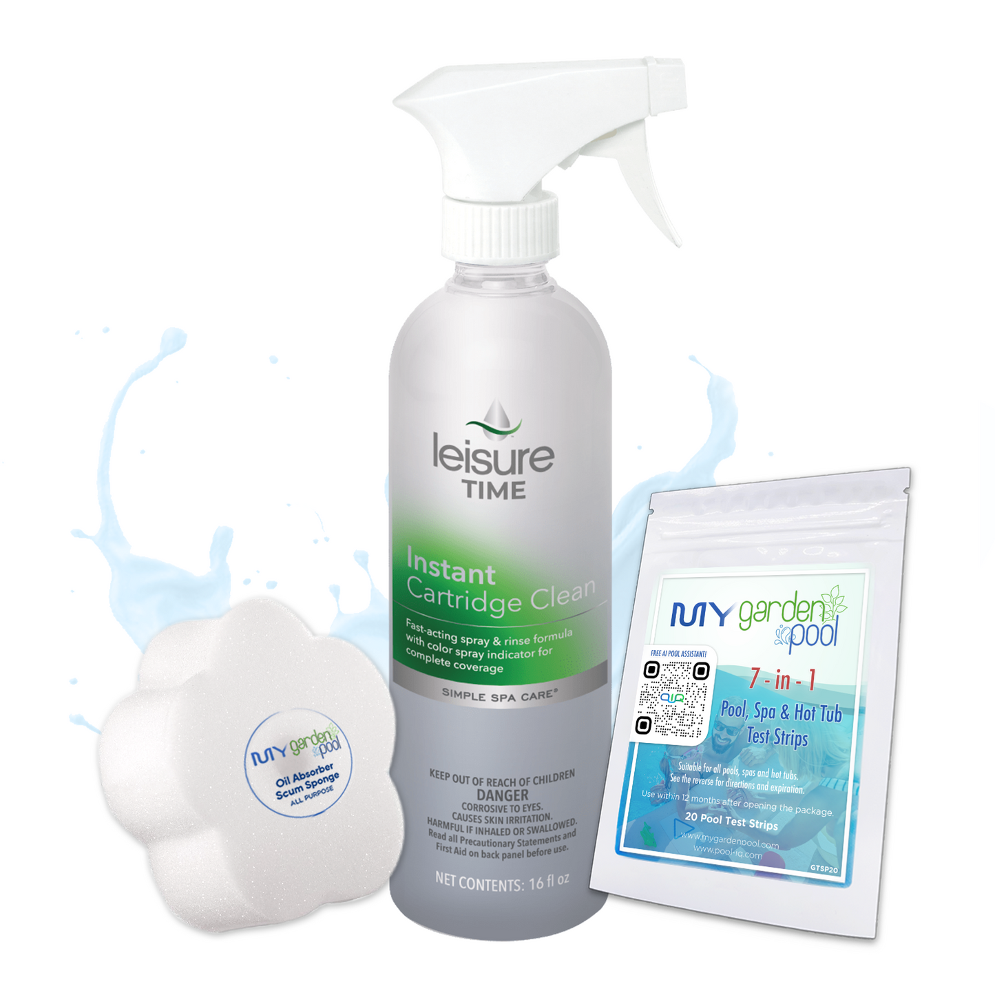 Leisure Time Instant Cartridge Clean 16 fl oz – Fast Spa Filter Cleaner – Spray-On Formula – Includes Scum Sponge and 7-in-1 Test Strips