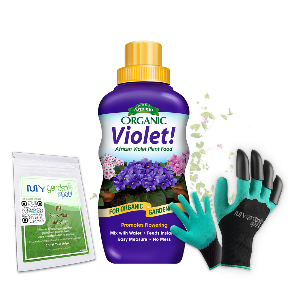Violet! 8 oz – Espoma Organic African Violet Fertilizer – Includes My Garden Pool Claw Gloves & Soil pH Test Strips