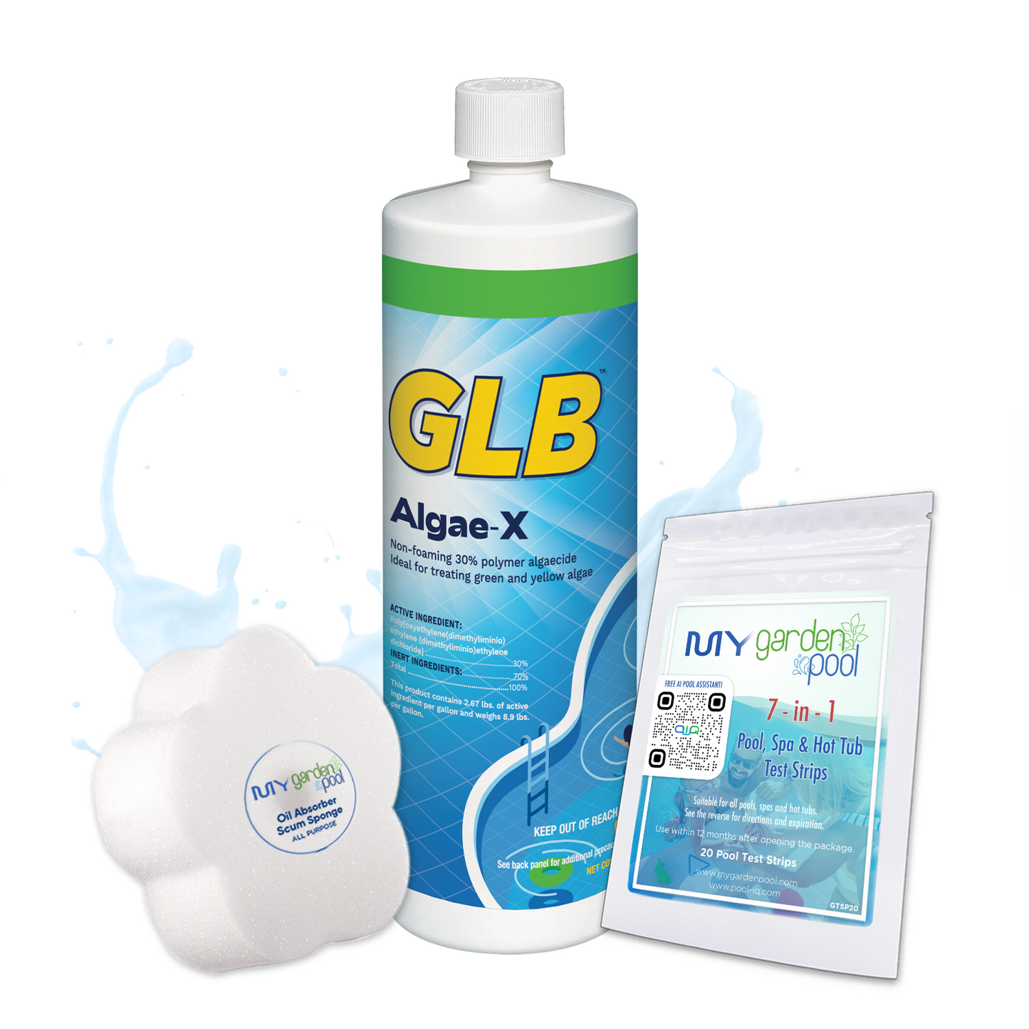 GLB Algae-X 32 fl oz – Powerful Pool Algaecide – Prevents Green and Mustard Algae – Includes 2 Scum Socks and 7-in-1 Test Strips