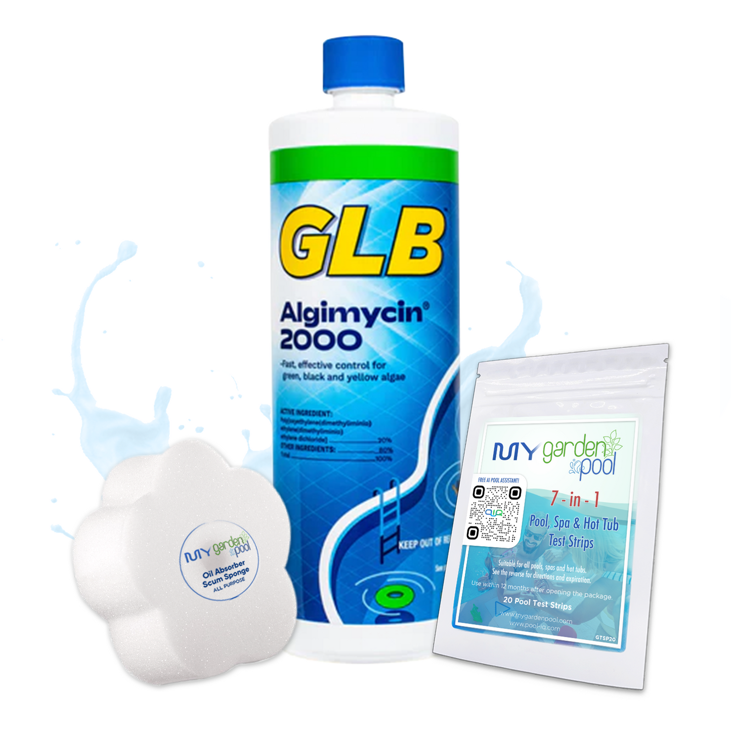 GLB Algimycin 2000 32 fl oz – Broad-Spectrum Pool Algaecide – Fast-Acting Algae Prevention – Includes 2 Scum Socks and 7-in-1 Test Strips