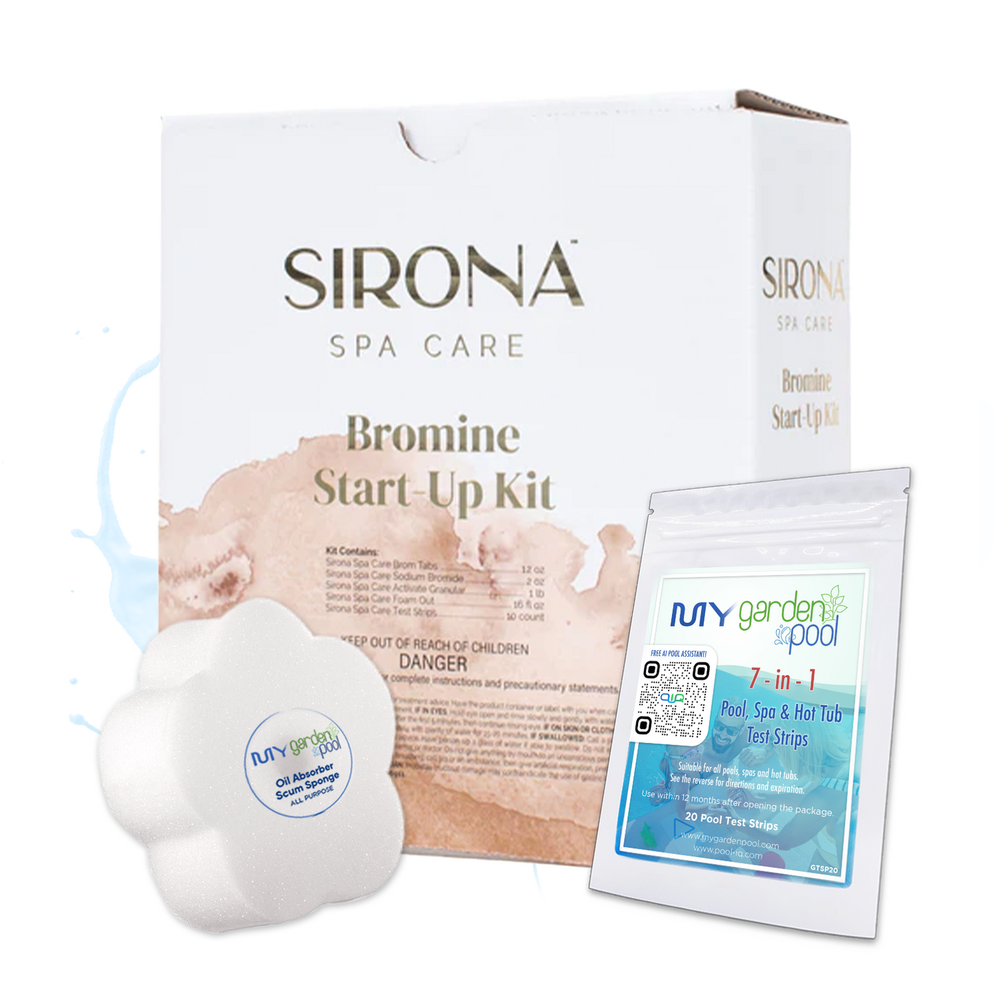 Sirona Bromine Start Up Kit – Complete Spa Bromine Startup System – Simple Water Preparation – Includes Scum Sponge and 7-in-1 Test Strips