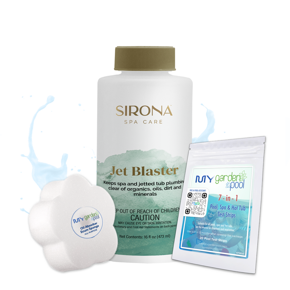 Sirona Jet Blaster 16 fl oz – Cleans Spa Jets and Plumbing – Removes Built-Up Debris – Includes Scum Sponge and 7-in-1 Test Strips