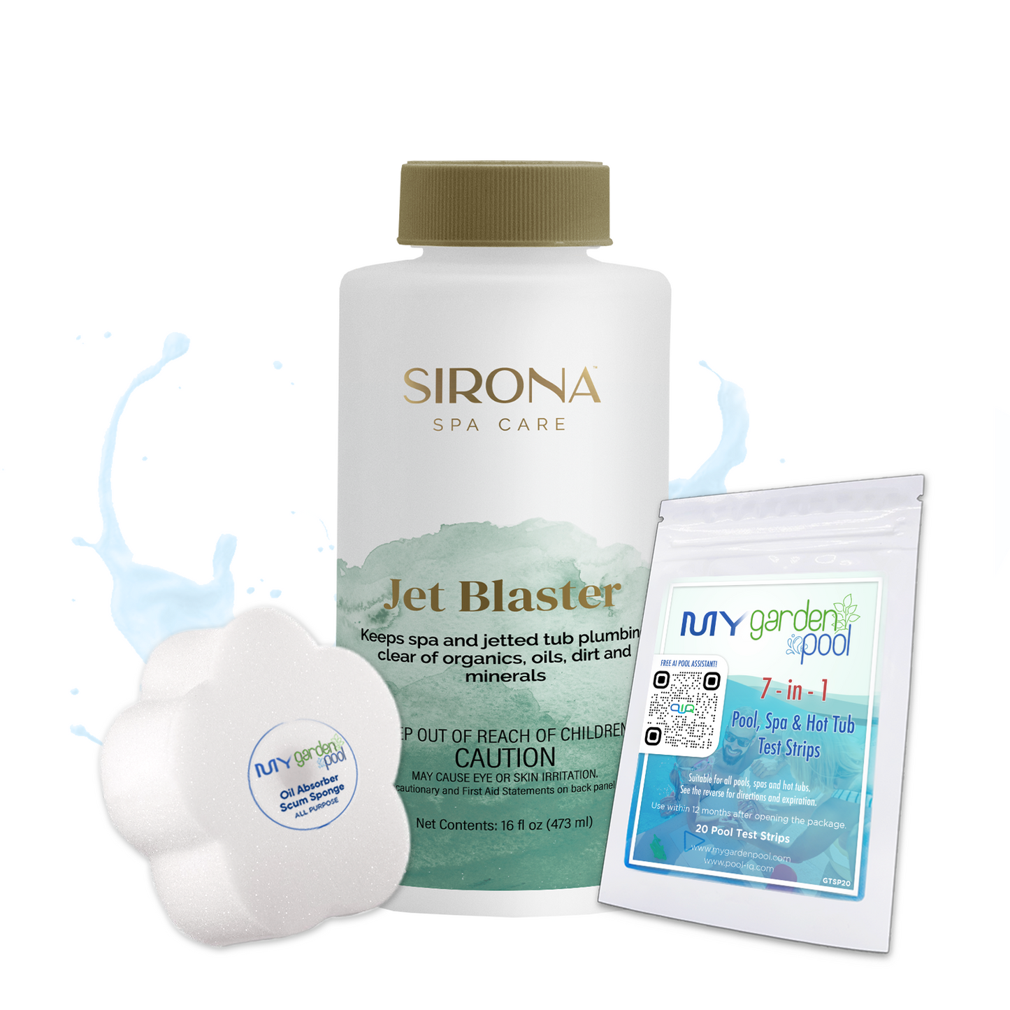 Sirona Jet Blaster 16 fl oz – Cleans Spa Jets and Plumbing – Removes Built-Up Debris – Includes Scum Sponge and 7-in-1 Test Strips