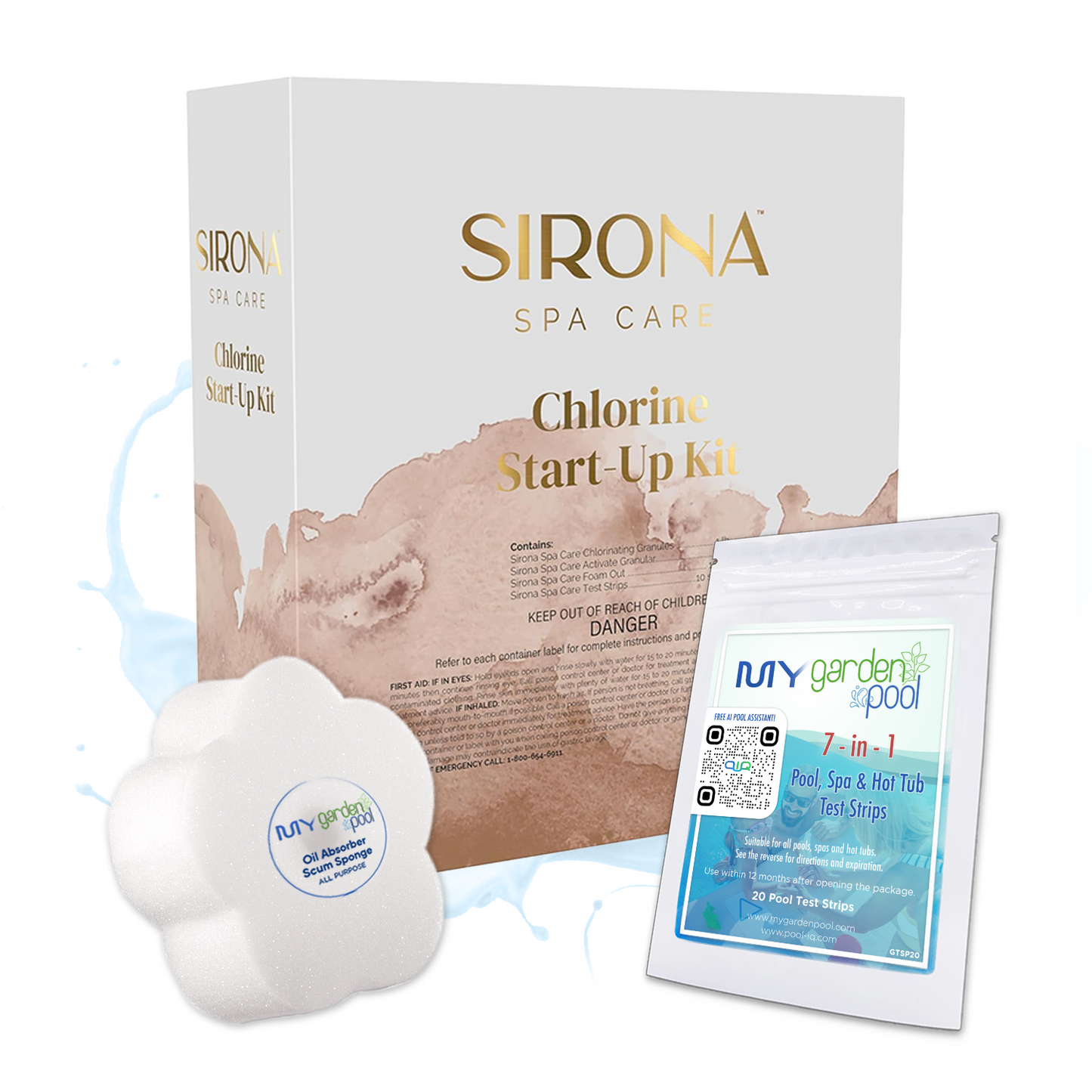 Sirona Chlorine Start Up Kit – Complete Spa Chlorine Startup System – Fast and Easy Water Balancing – Includes Scum Sponge and 7-in-1 Test Strips