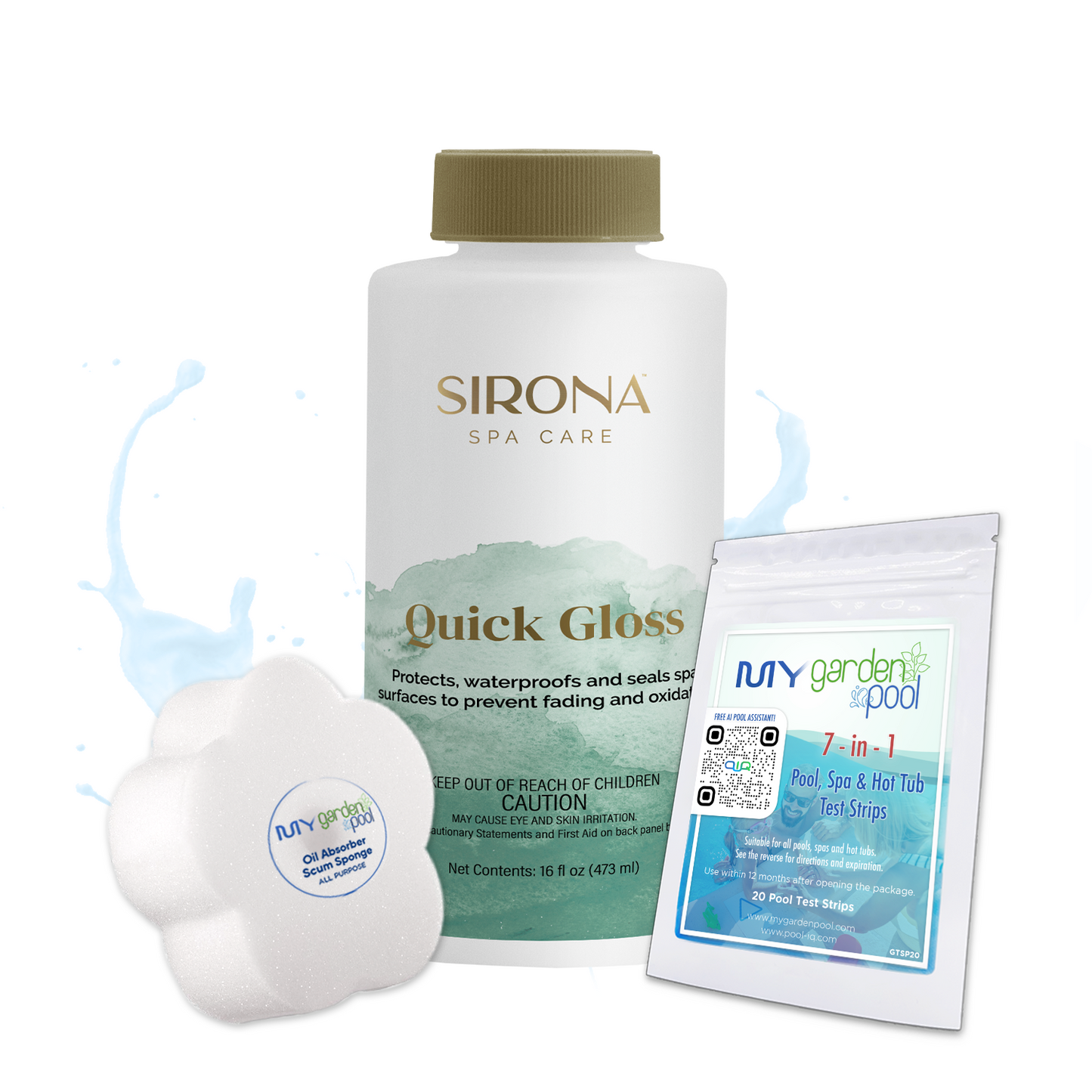 Sirona Quick Gloss 16 fl oz – Protects and Shines Spa Surfaces – Easy Application Formula – Includes Scum Sponge and 7-in-1 Test Strips