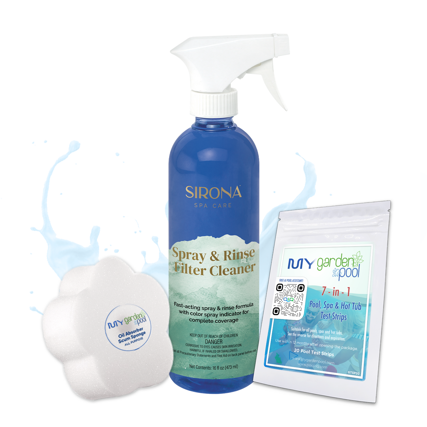 Sirona Spray & Rinse Filter Cleaner 16 fl oz – Easy Filter Cleaning – Fast Spray-On Rinse-Off Formula – Includes Scum Sponge and 7-in-1 Test Strips