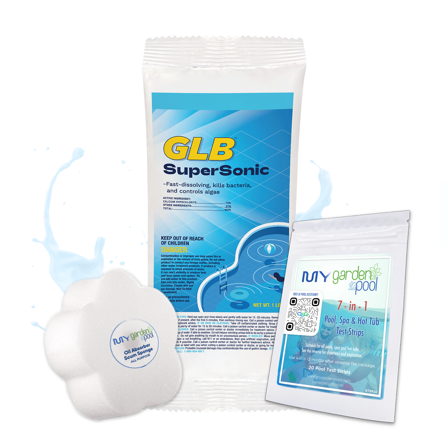 GLB SuperSonic 1 lb – Fast-Acting Pool Shock – Crystal Clear Water – Includes 2 Scum Socks and 7-in-1 Test Strips
