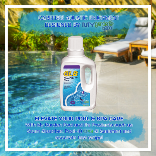 GLB PhosFIGHT Plus 32 fl oz – Removes Phosphates from Pools – Prevents Algae Blooms – Includes 2 Scum Socks and 7-in-1 Test Strips