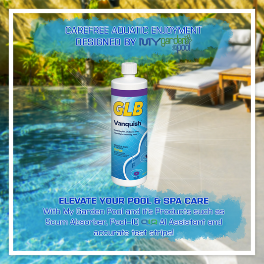 GLB Vanquish Deposit Control 32 fl oz – Eliminates Pool Stains and Scale – Clears Metals from Water – Includes 2 Scum Socks and 7-in-1 Test Strips