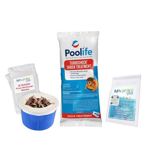 Poolife TurboShock Treatment 25 lb – Professional Grade Pool Shock – High Chlorine Strength – Includes 2 Scum Socks and 7-in-1 Test Strips