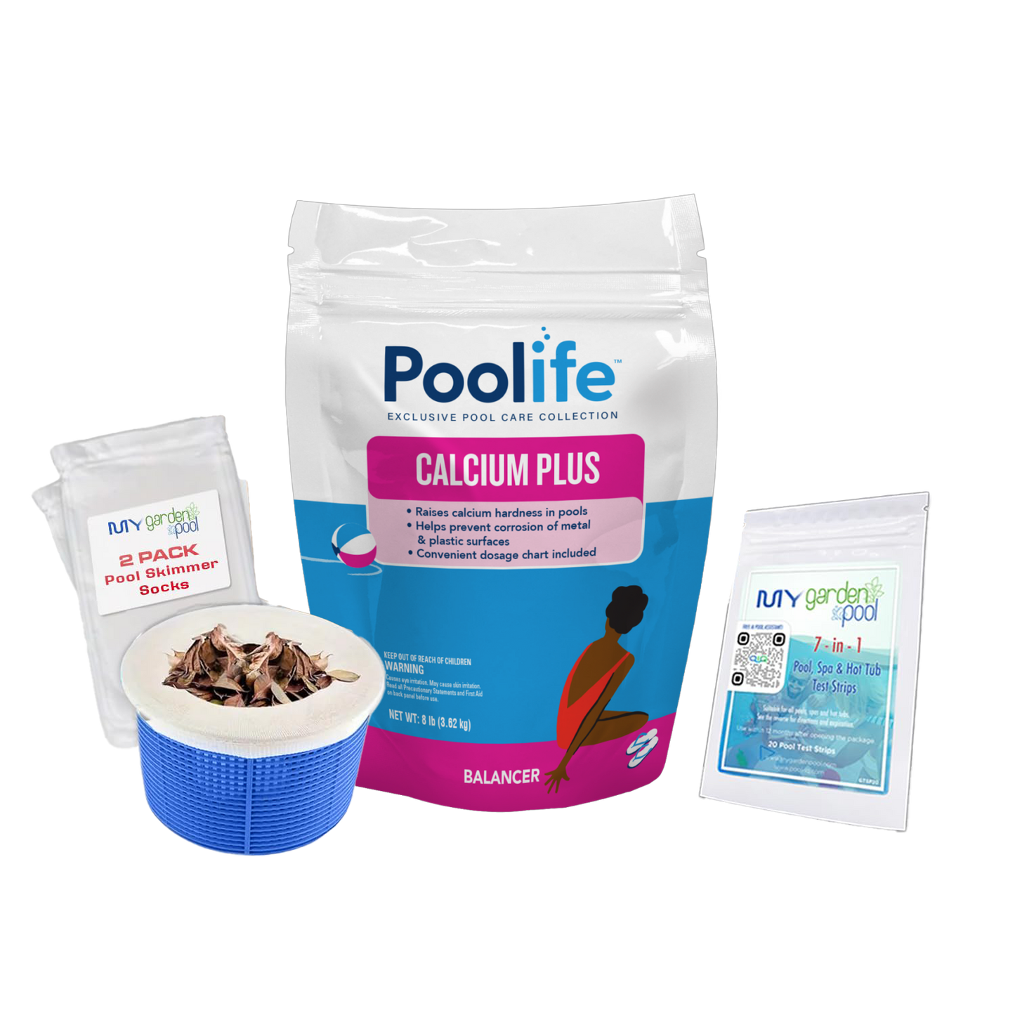 Poolife Calcium Plus 8 lb – 93% Calcium Hardness Increaser – Protects Pool Surfaces & Equipment – Includes 2 Scum Socks and 7-in-1 Test Strips