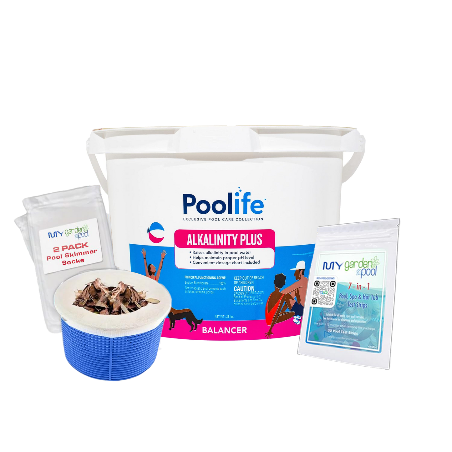 Poolife Alkalinity Plus 25 lb – Bulk Total Alkalinity Booster – Prevents pH Swings – With 2 Scum Socks & 7-in-1 Pool Test Strips