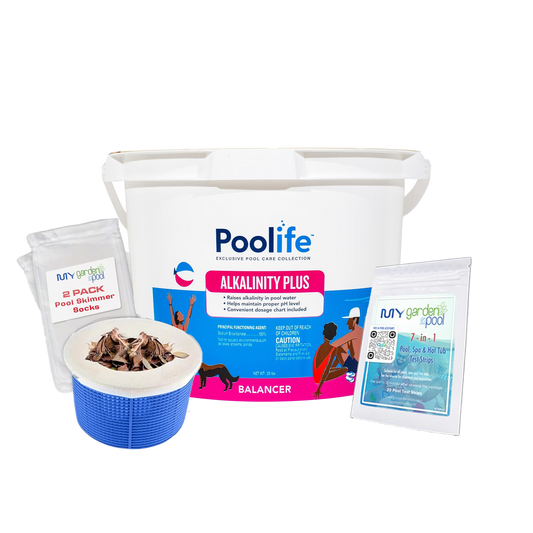 Poolife Alkalinity Plus 25 lb – Bulk Total Alkalinity Booster – Prevents pH Swings – With 2 Scum Socks & 7-in-1 Pool Test Strips