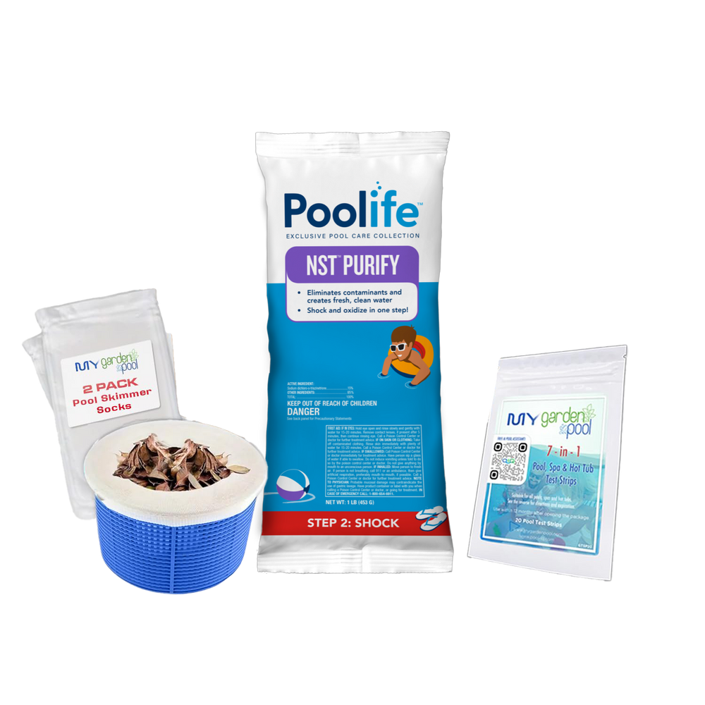Poolife NST Purify 1 lb – Stabilizer-Free Chlorine Shock for Pools – Tablet Shock Formula – Includes 2 Scum Socks and 7-in-1 Test Strips
