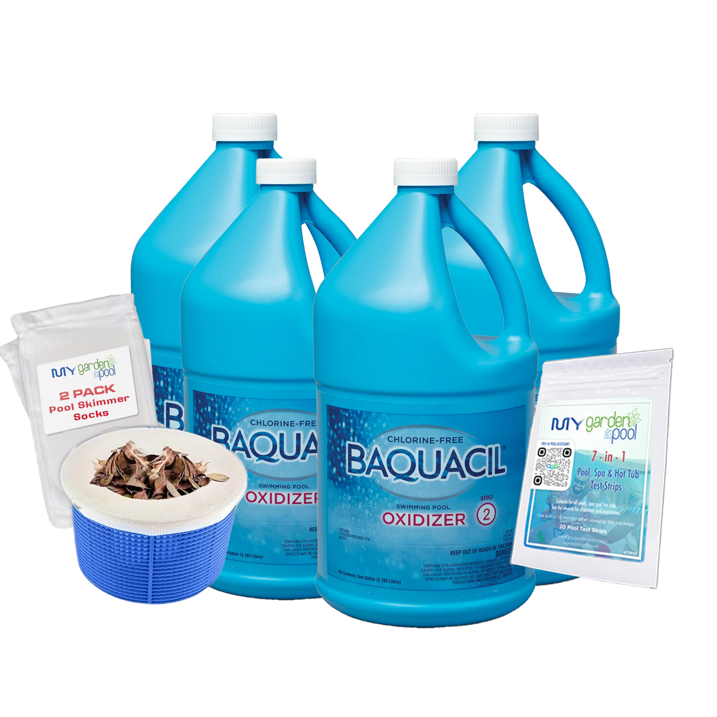 BAQUACIL Swimming Pool Oxidizer – Case of 4 Gallons – Non-Chlorine Shock Treatment – Step 2 of BAQUACIL System – Includes 4 Scum Socks & Test Kits