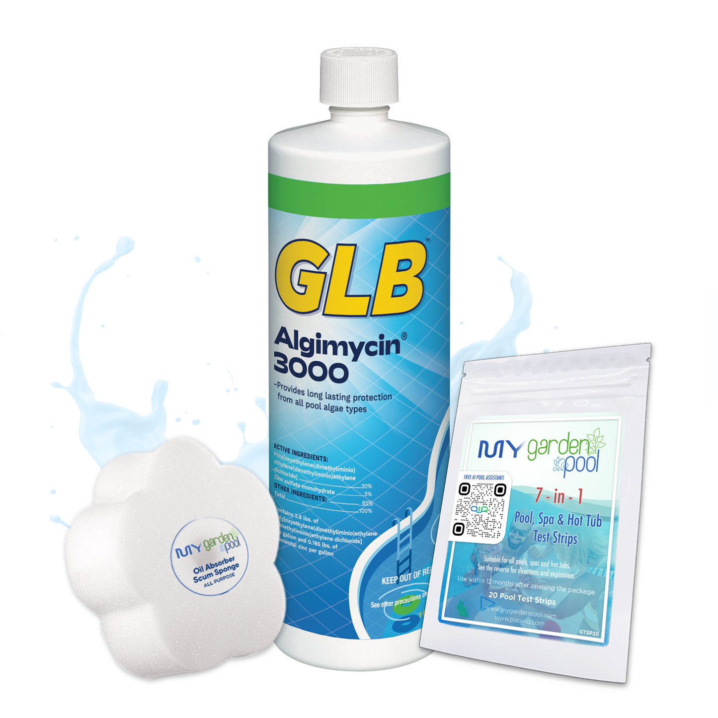 GLB Algimycin 3000 32 fl oz – Triple-Action Pool Algaecide – Prevents and Kills Resistant Algae – Includes 2 Scum Socks and 7-in-1 Test Strips