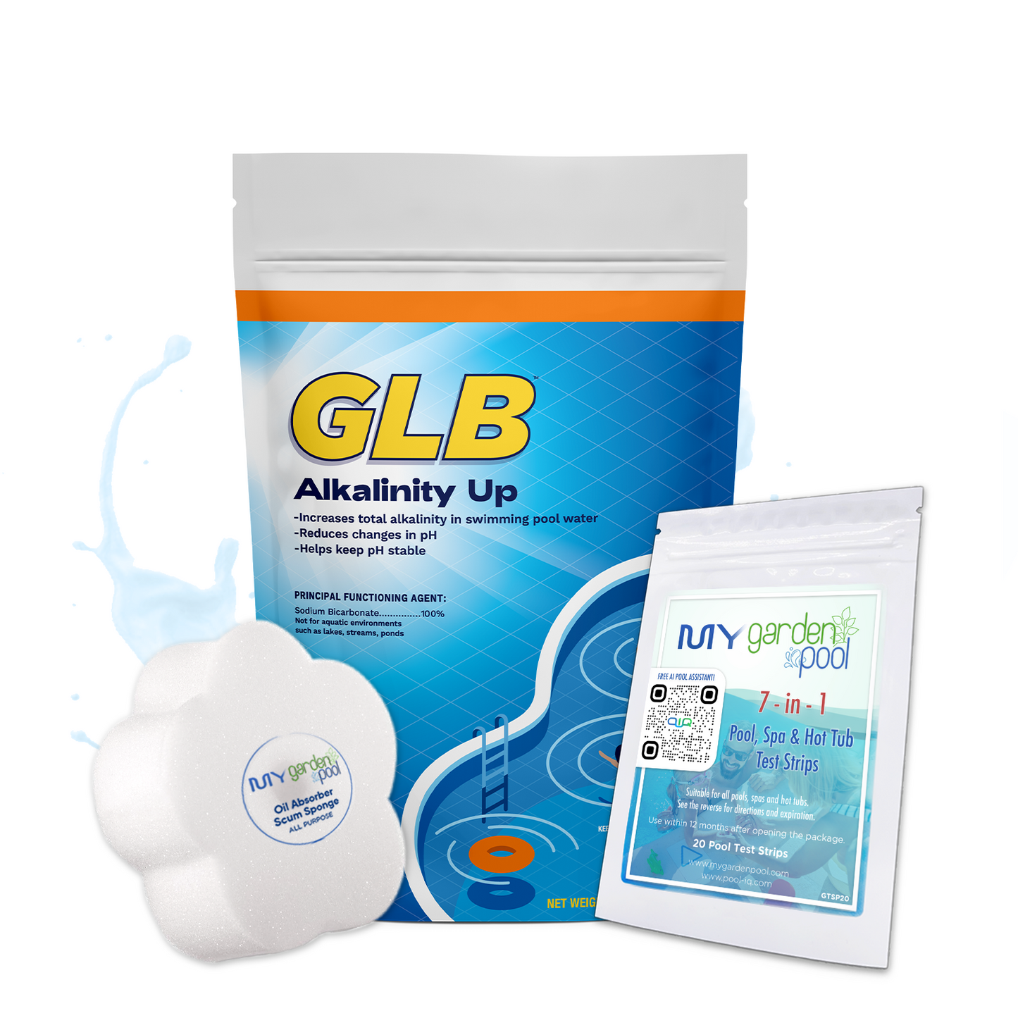 GLB Alkalinity Up (bag) 10 lbs – Raises Pool Total Alkalinity – Prevents pH Fluctuations – Includes 2 Scum Socks and 7-in-1 Test Strips