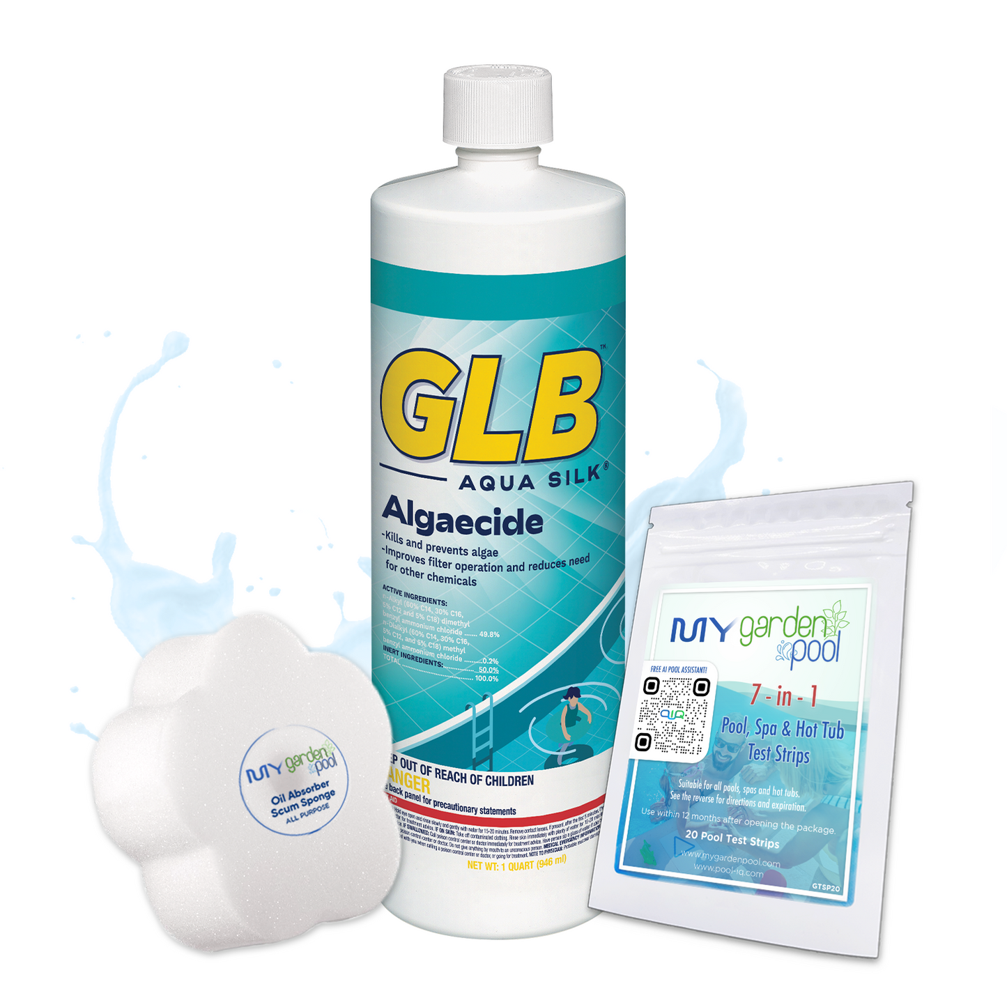 GLB Aqua Silk Algaecide 32 fl oz – Chlorine-Free Algae Protection – Gentle and Effective Formula – Includes 2 Scum Socks and 7-in-1 Test Strips