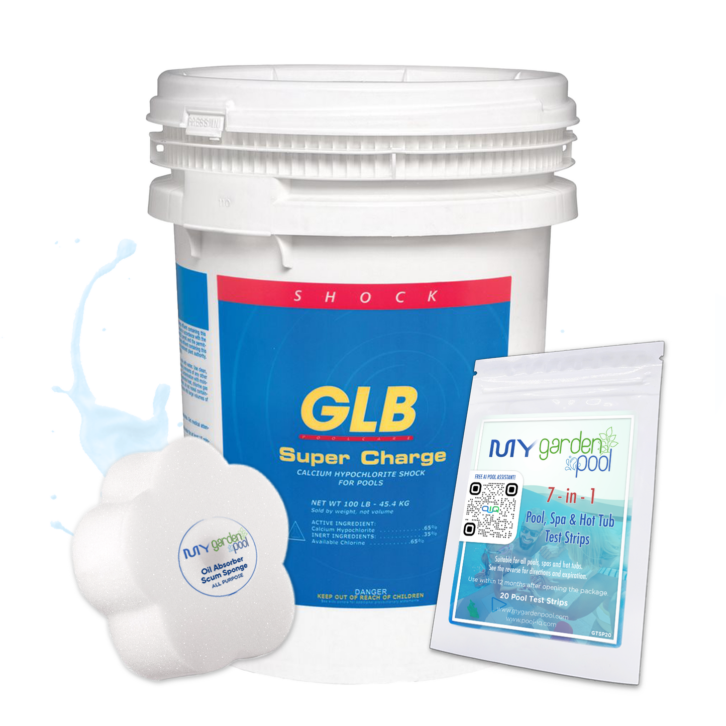 GLB Super Charge Shock 100 lbs – Bulk Pool Sanitizer – Maximum Chlorine Power – Includes 2 Scum Socks and 7-in-1 Test Strips