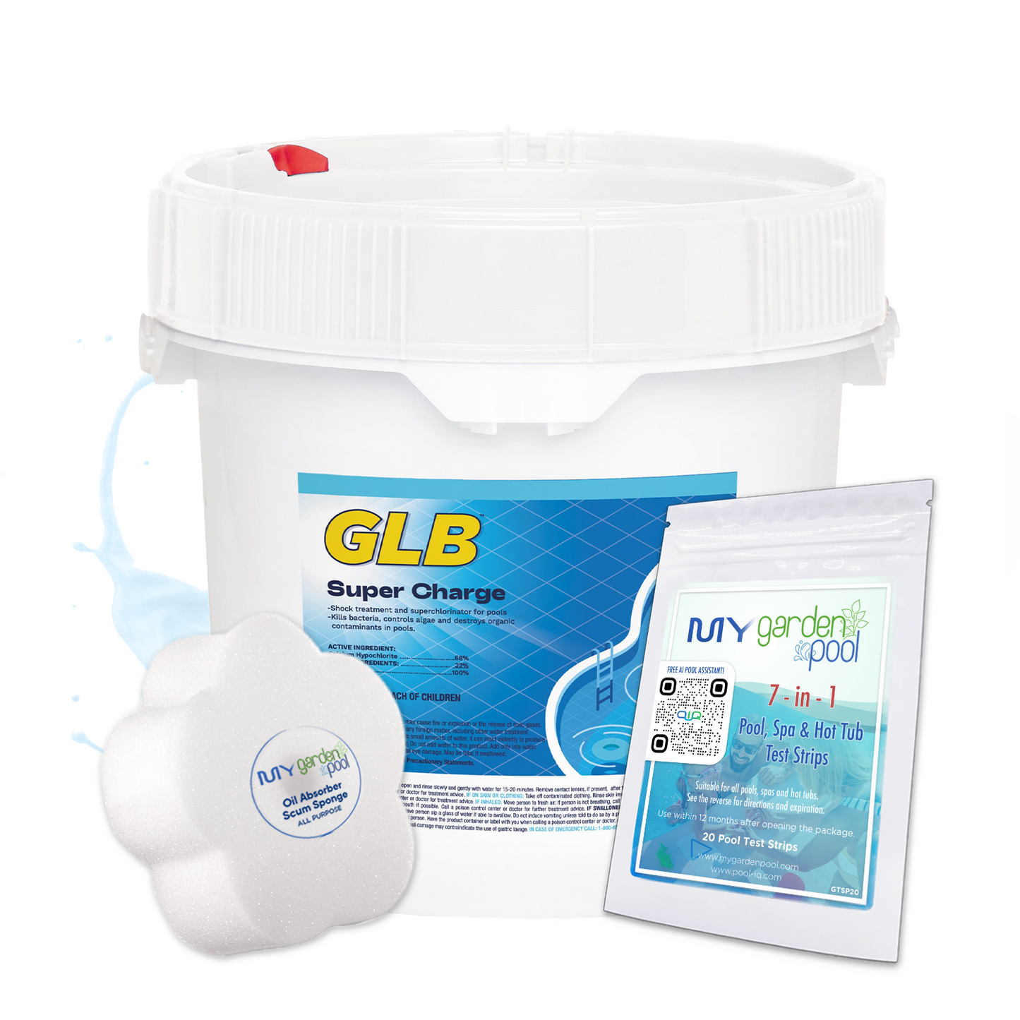 GLB Super Charge Shock 25 lbs – Heavy-Duty Pool Water Oxidizer – Crystal Clear Water – Includes 2 Scum Socks and 7-in-1 Test Strips
