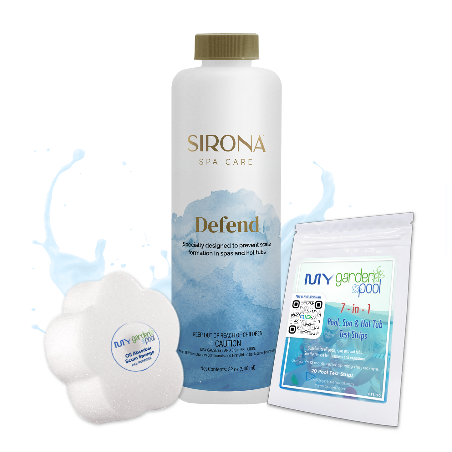 Sirona Defend 32 fl oz – Powerful Scale and Stain Control for Spas – Enhances Water Appearance – Includes Scum Sponge and 7-in-1 Test Strips