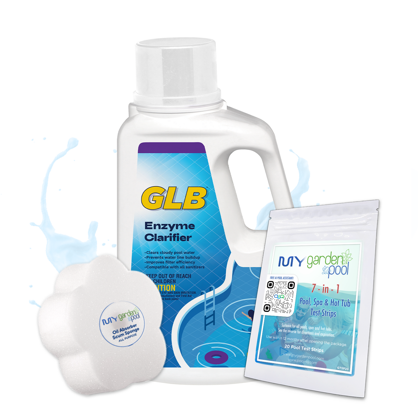 GLB Enzyme Clarifier 64 fl oz – Breaks Down Pool Oils and Contaminants – Enhances Water Clarity – Includes 2 Scum Socks and 7-in-1 Test Strips
