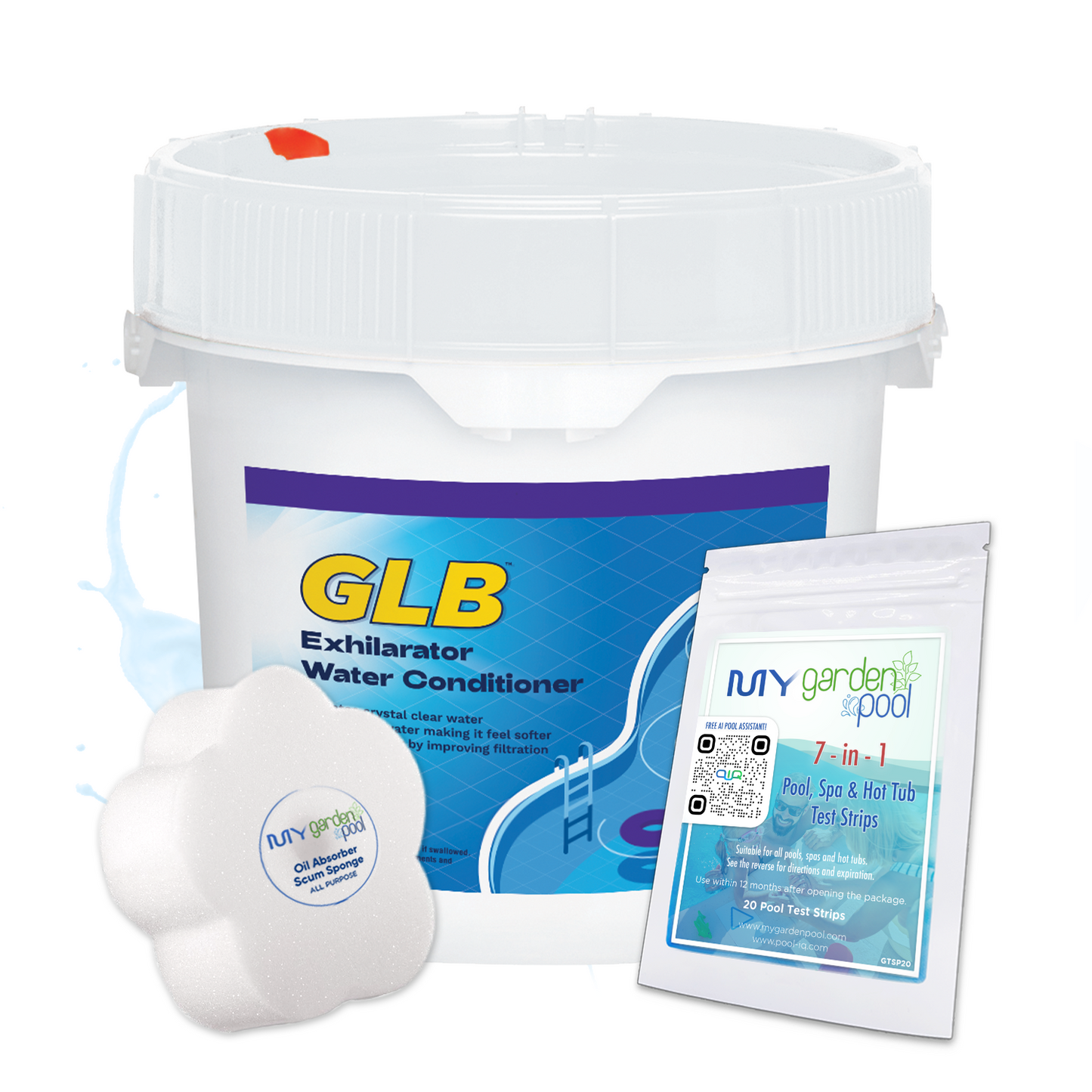 GLB Exhilarator Water Conditioner 10 lbs – Softens and Conditions Pool Water – Reduces Chemical Demand – Includes 2 Scum Socks and 7-in-1 Test Strips