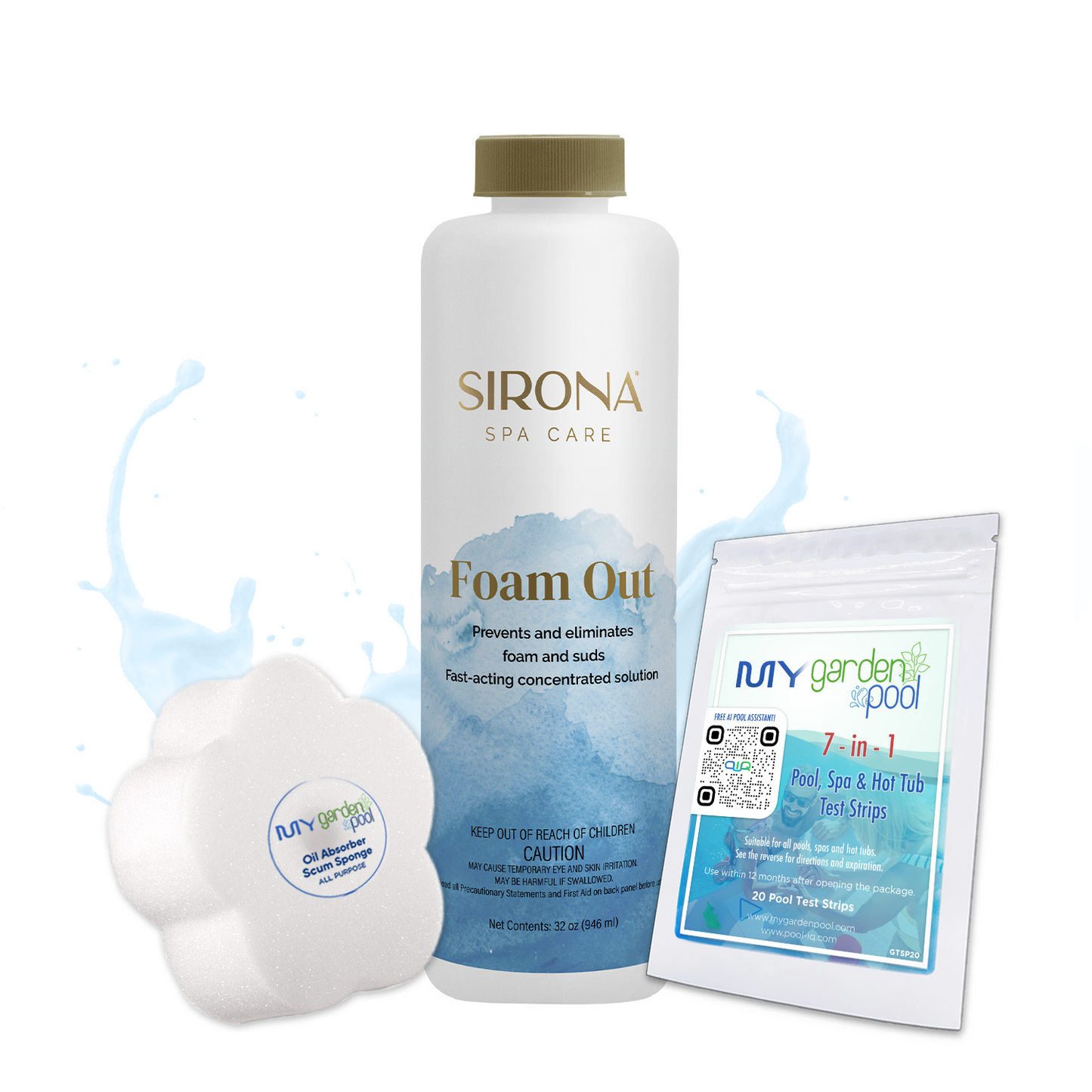 Sirona Foam Out 32 fl oz – Instantly Eliminates Spa Foam – Smoother Water Surface – Includes Scum Sponge and 7-in-1 Test Strips