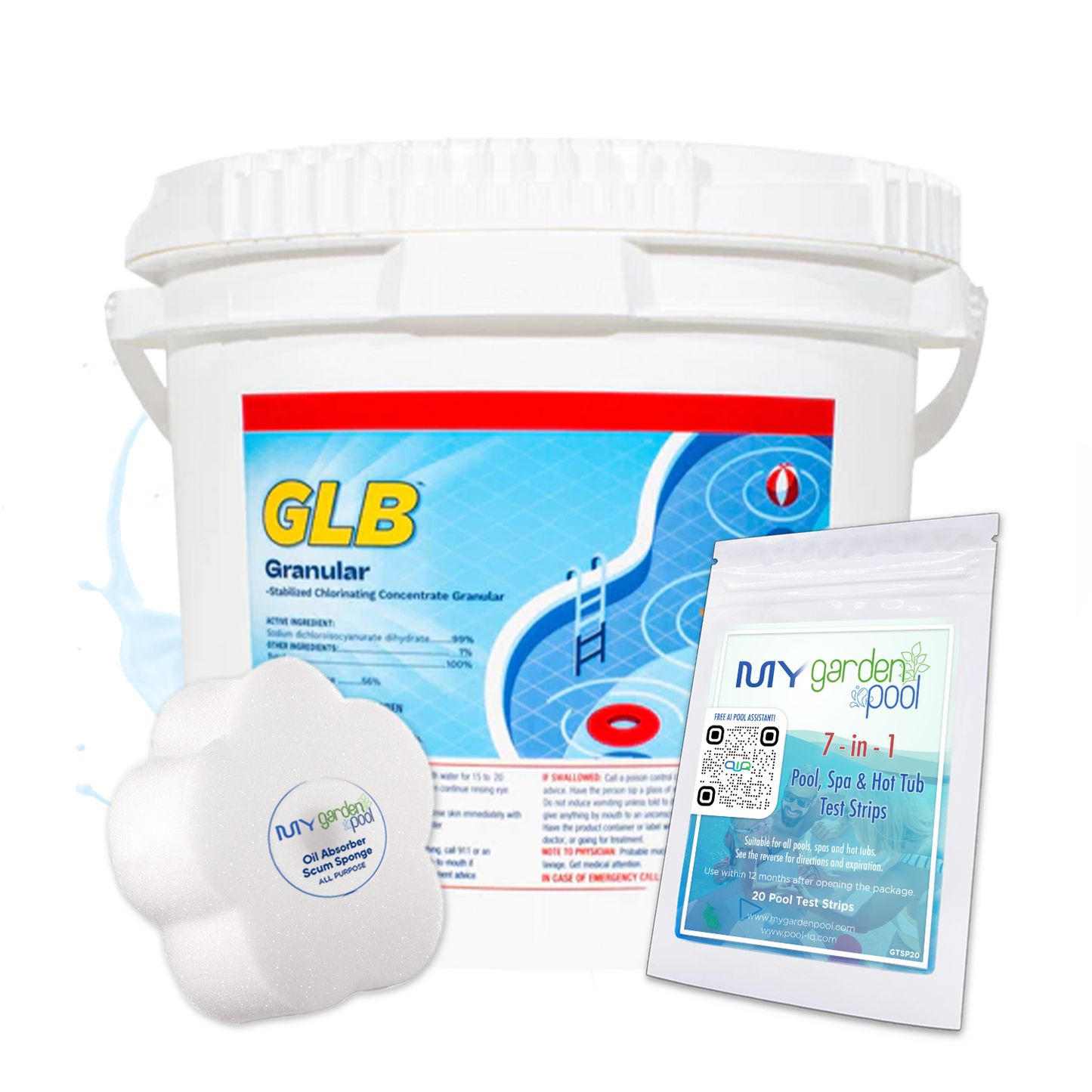 GLB Granular Chlorine 25 lbs – Fast-Dissolving Pool Chlorine – Easy Water Maintenance – Includes 2 Scum Socks and 7-in-1 Test Strips
