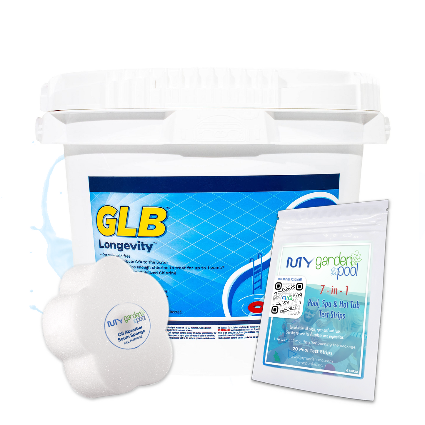 GLB Longevity Cal Hypo Chlorine Tablets 20.2 lbs – Long-Lasting Pool Sanitizer – Consistent Chlorination – Includes 2 Scum Socks and 7-in-1 Test Strips