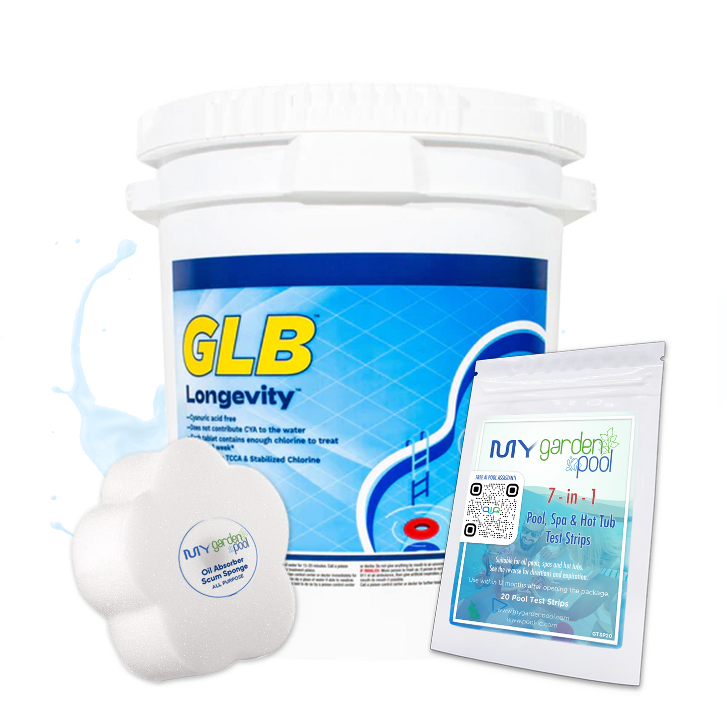 GLB Longevity Cal Hypo Chlorine Tablets 39.4 lbs – Extended Protection Pool Chlorination – Powerful Sanitizer – Includes 2 Scum Socks and 7-in-1 Test Strips